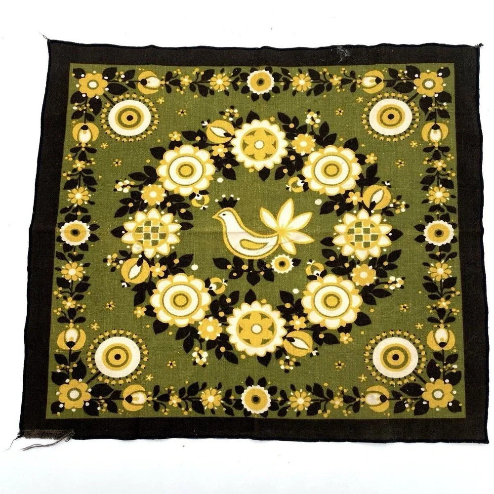 Vintage Mid Century Scandinavian Folk Art Floral Bird Linen Tea Towel